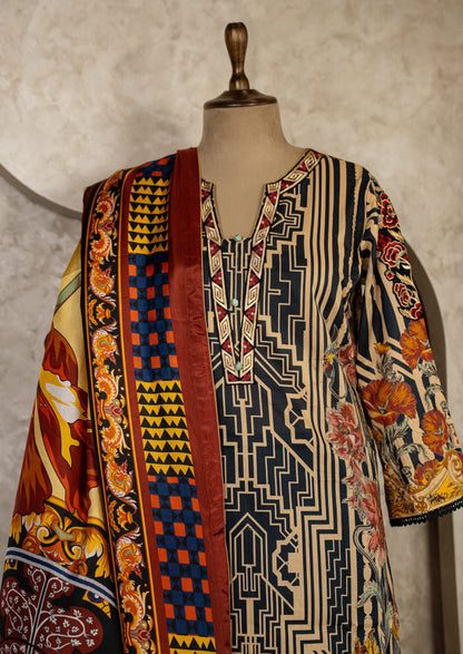 Black Multicolor Suit Set With Silk Dupatta