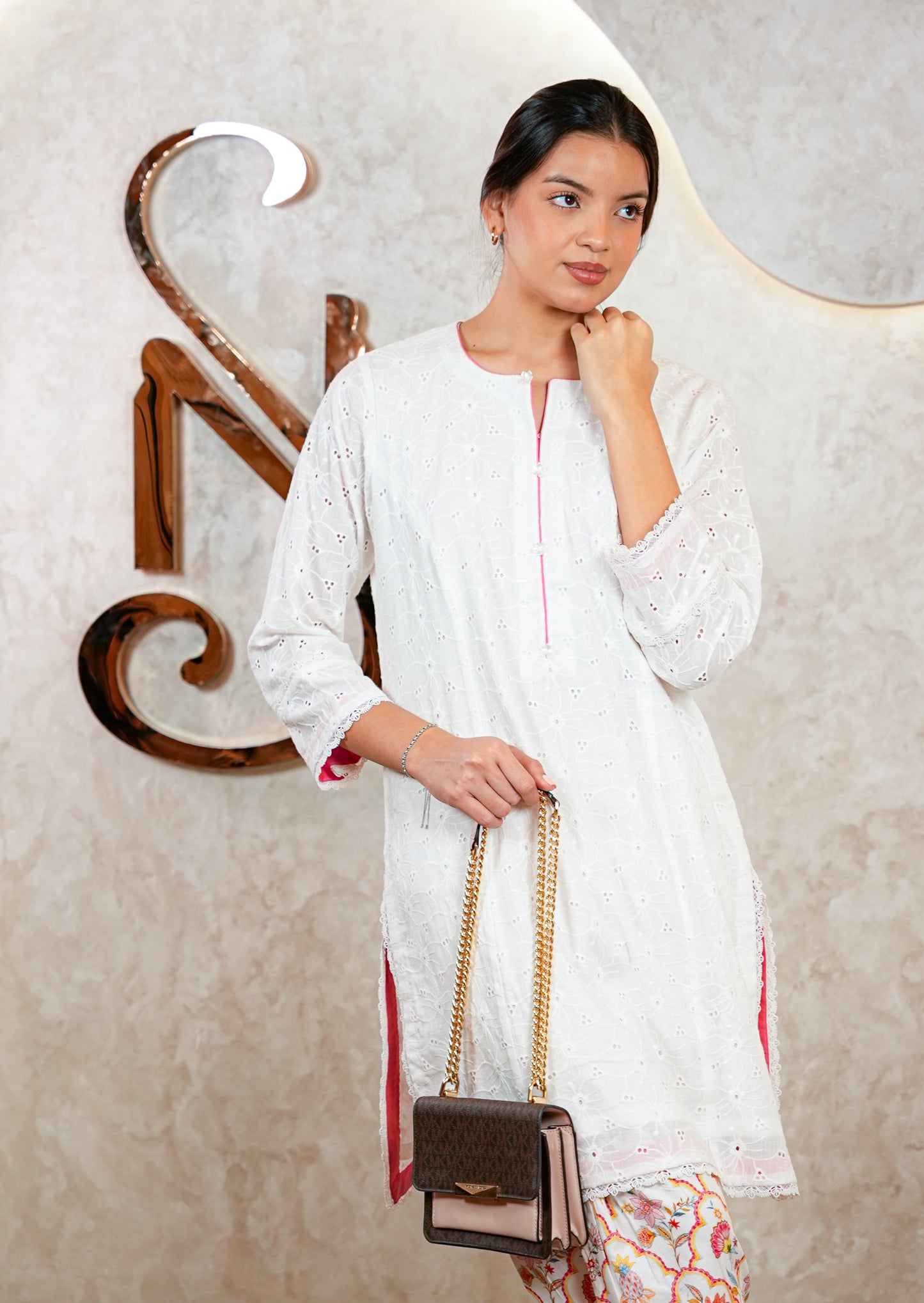 White Chikankari Kurta with Lace & Tassel Detail Coord Set