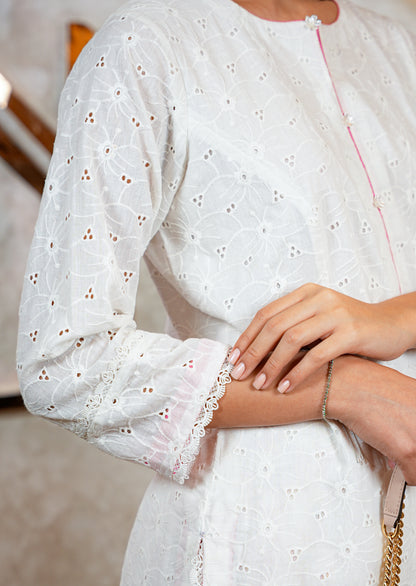 White Chikankari Kurta with Lace & Tassel Detail Coord Set