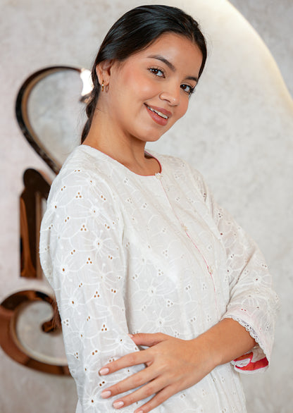 White Chikankari Kurta with Lace & Tassel Detail Coord Set