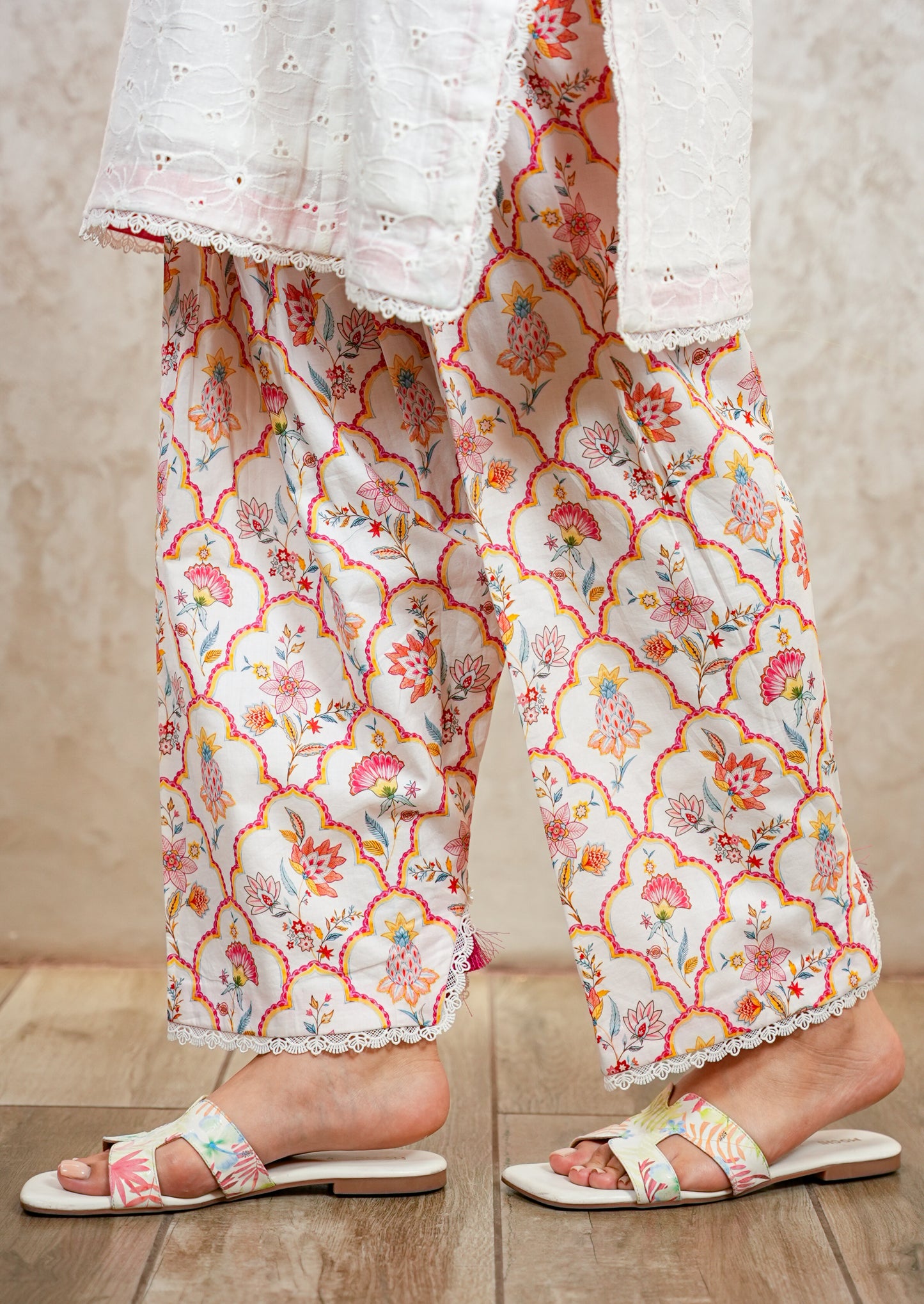 White Chikankari Kurta with Lace & Tassel Detail Coord Set