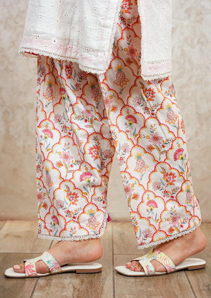White Chikankari Kurta with Lace & Tassel Detail Coord Set