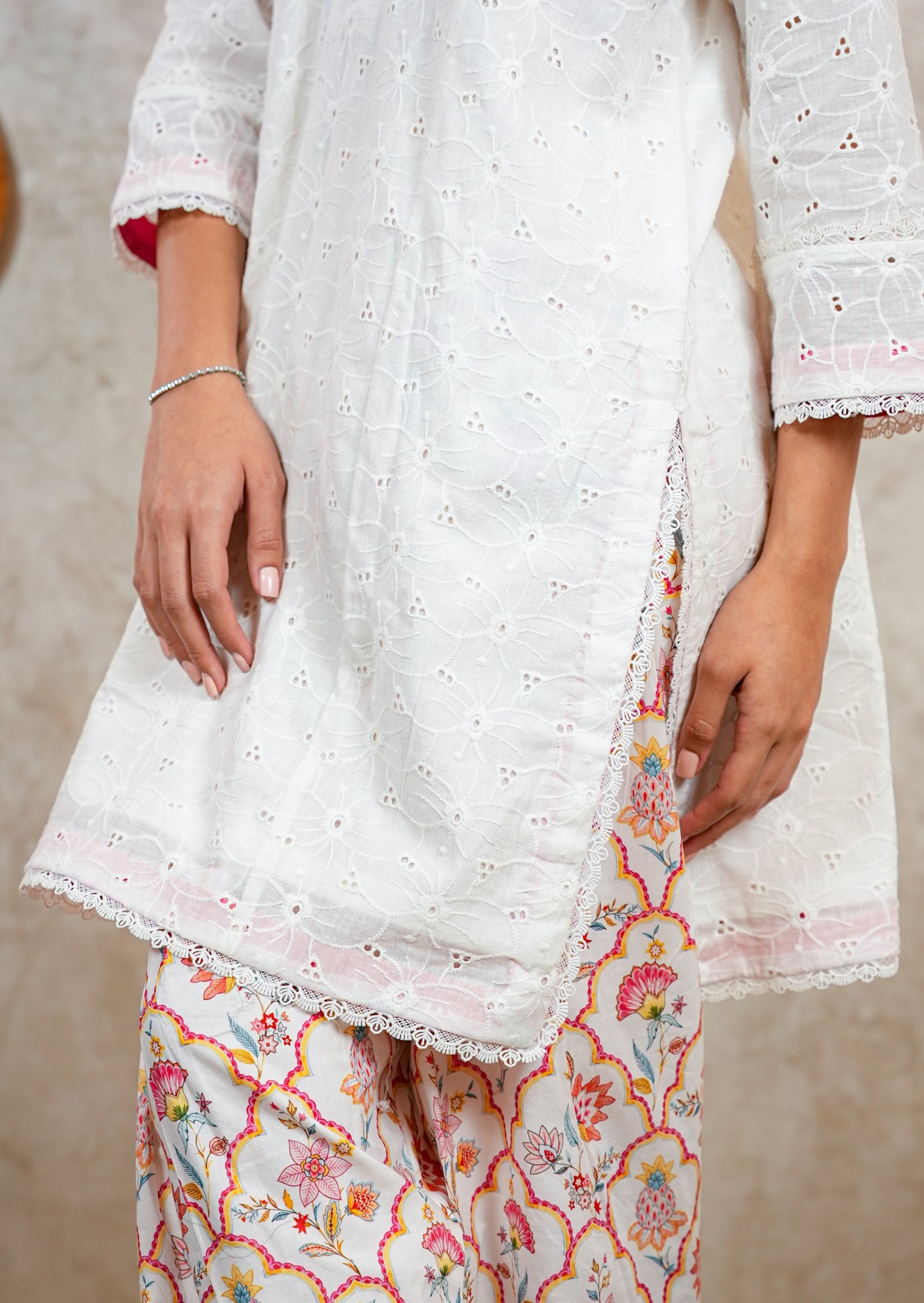 White Chikankari Kurta with Lace & Tassel Detail Coord Set