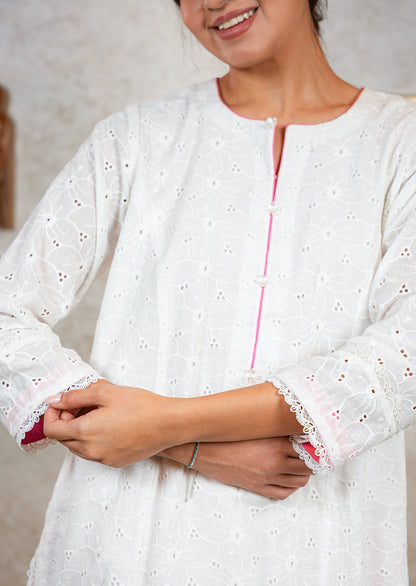 White Chikankari Kurta with Lace & Tassel Detail Coord Set