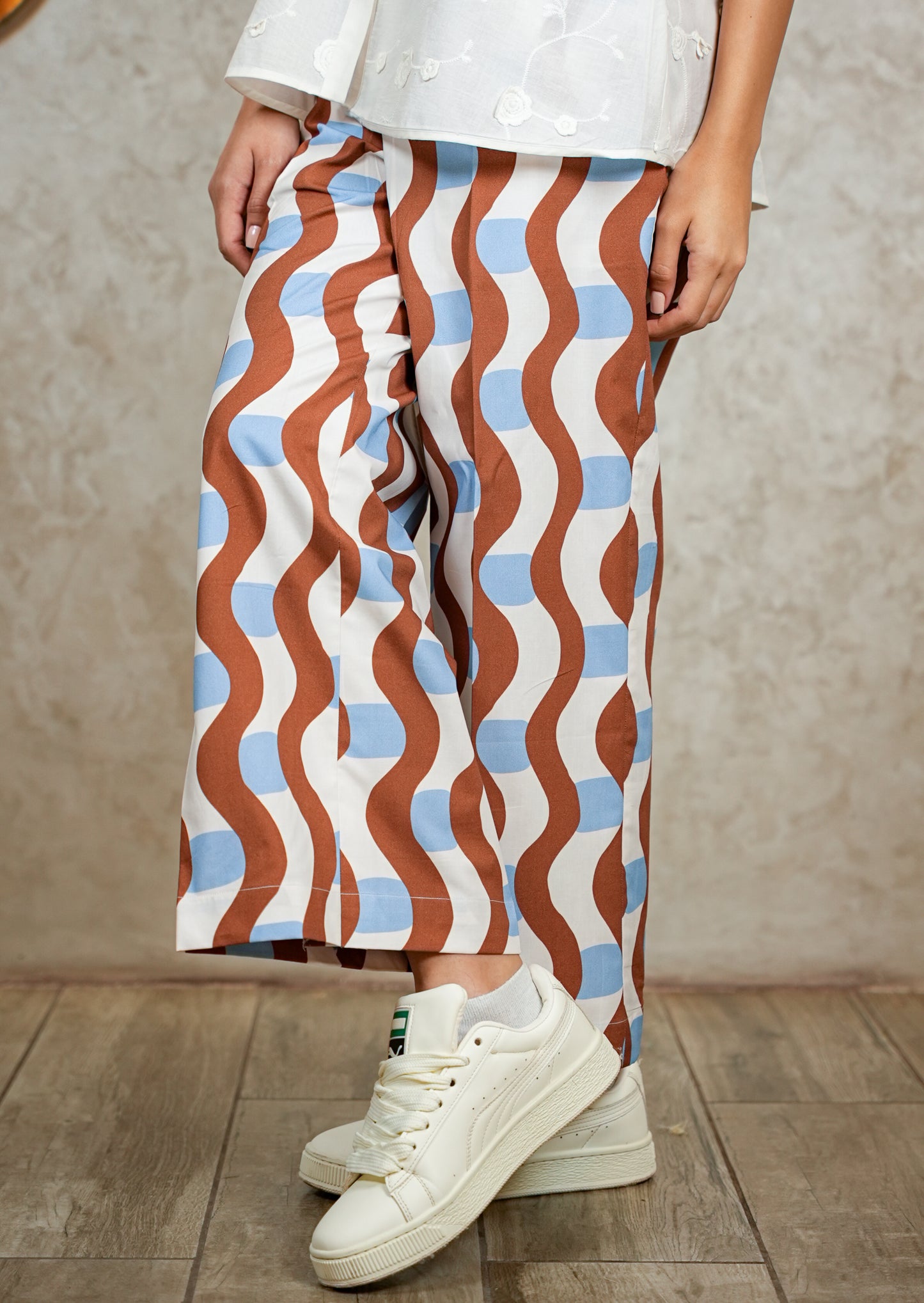 White Hakoba Peplum Top with Wave-Printed Trouser Set