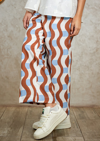 White Hakoba Peplum Top with Wave-Printed Trouser Set