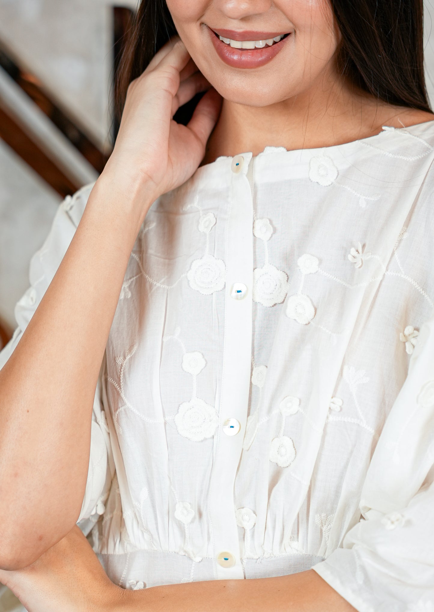 White Hakoba Peplum Top with Wave-Printed Trouser Set