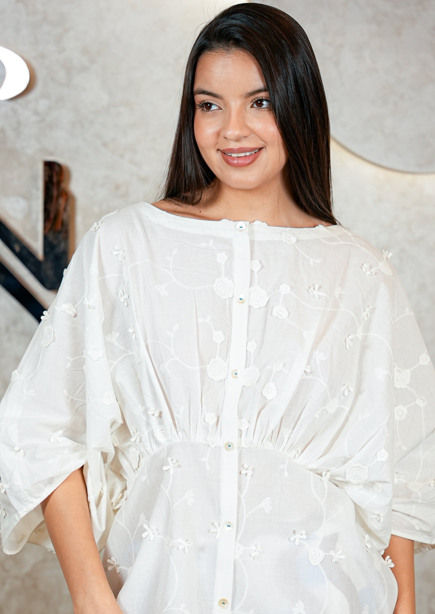White Hakoba Peplum Top with Wave-Printed Trouser Set