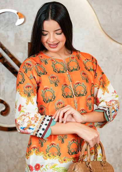 Orange Mandarin Collar Agraj Style Printed Coord Set
