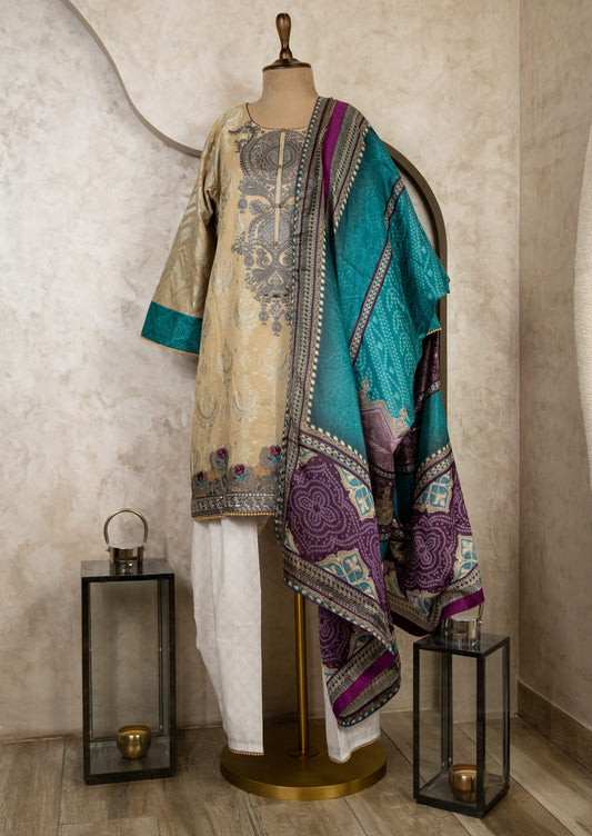 Jamdani Cotton Lawn Embroidered Suit Set With Silk Dupatta