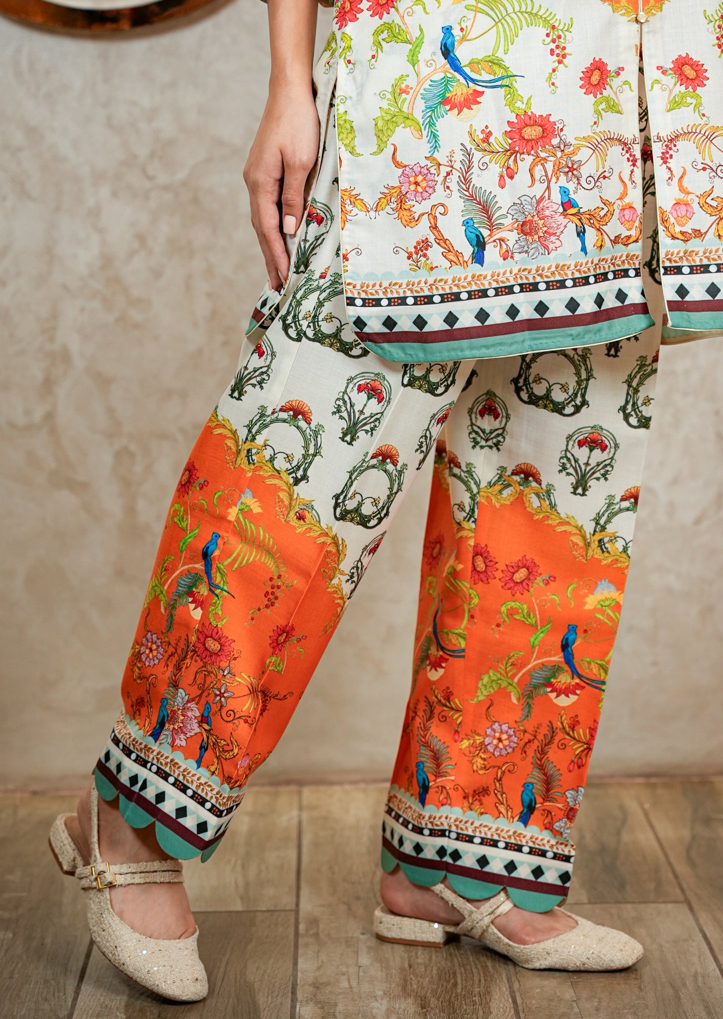 Orange Mandarin Collar Agraj Style Printed Coord Set