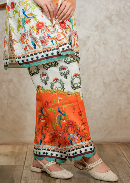 Orange Mandarin Collar Agraj Style Printed Coord Set