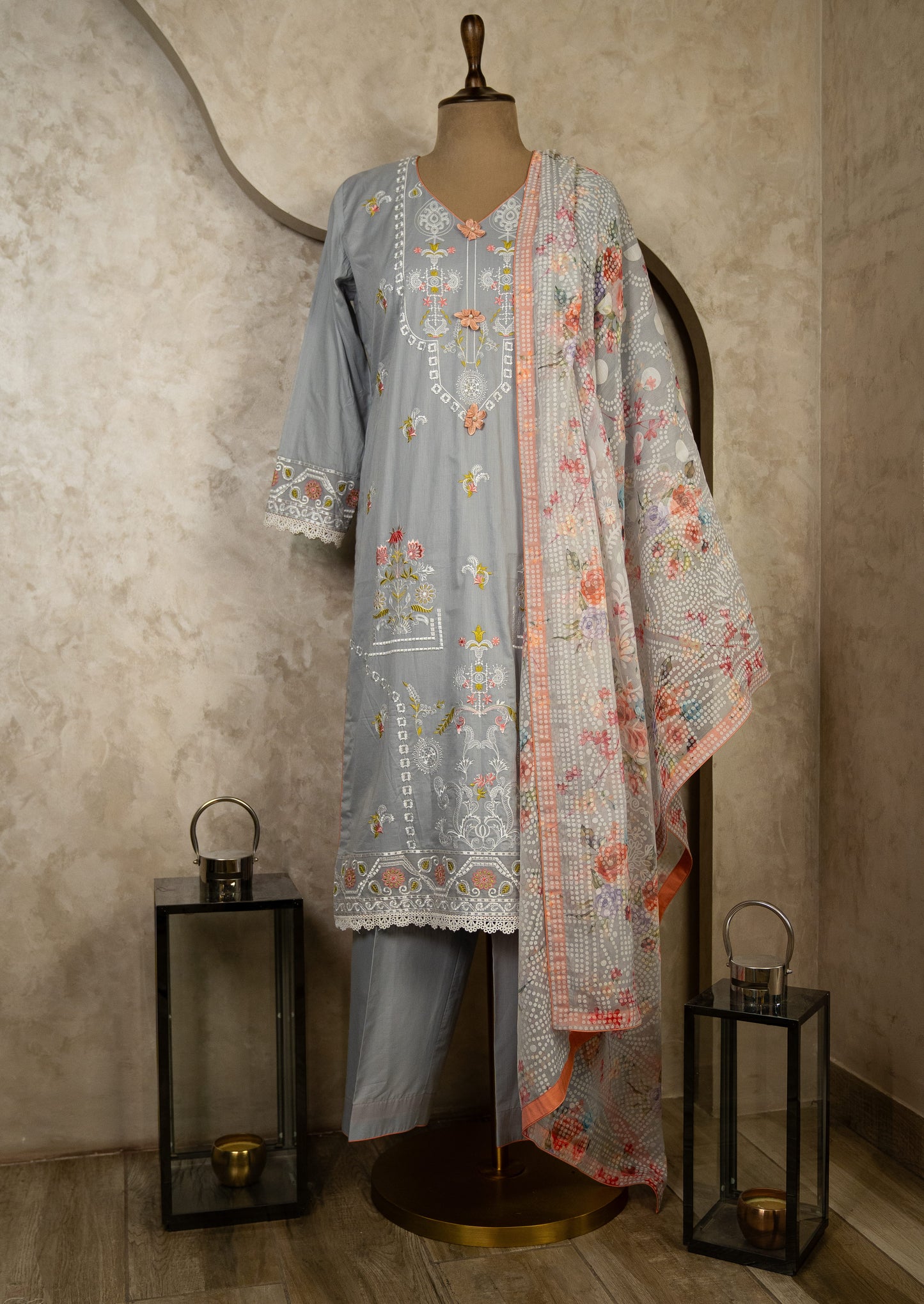 Embroidered Grey Lawn Suit Set With Dupatta