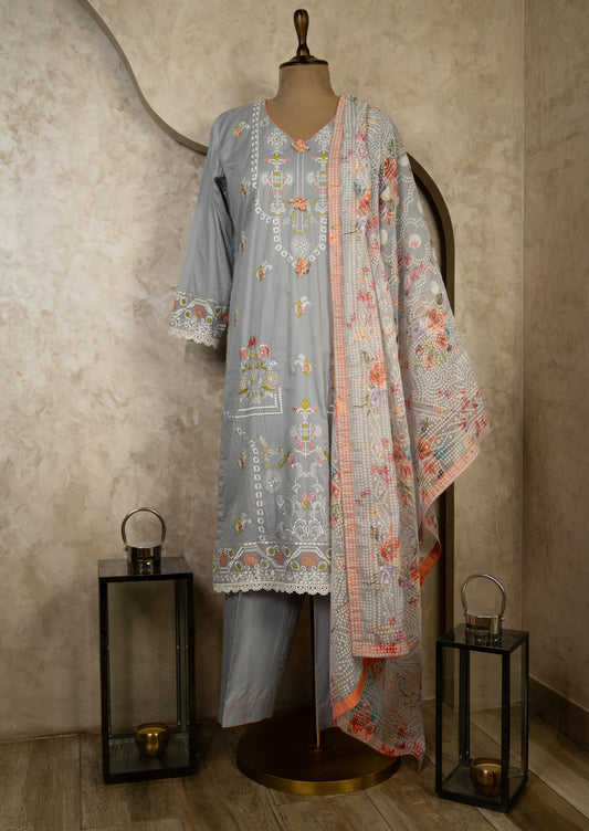 Embroidered Grey Lawn Suit Set With Dupatta