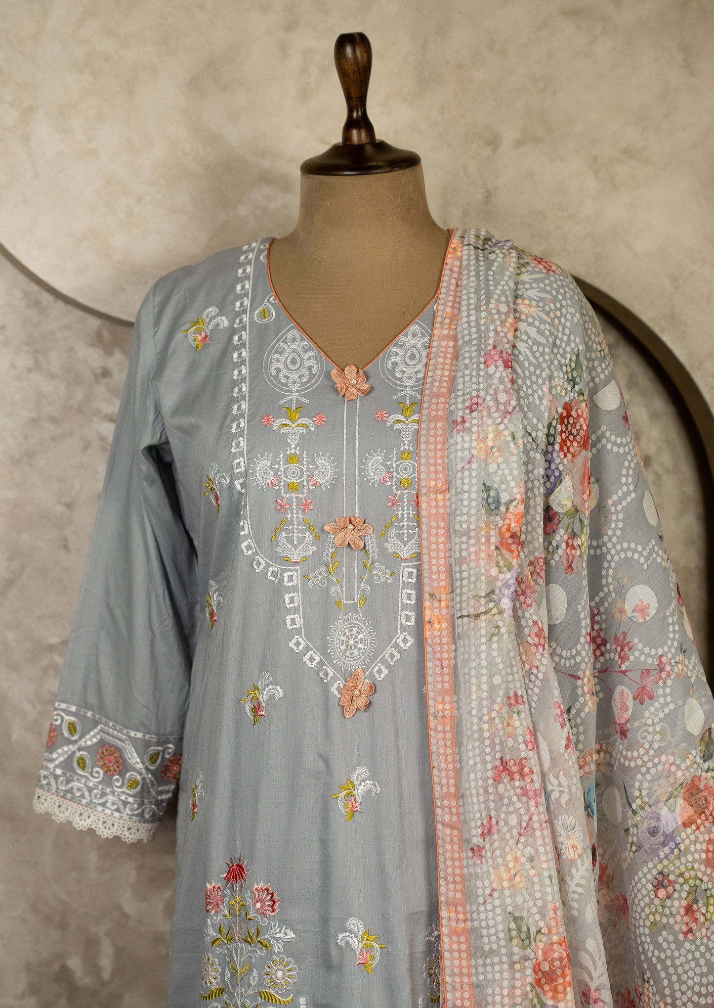 Embroidered Grey Lawn Suit Set With Dupatta