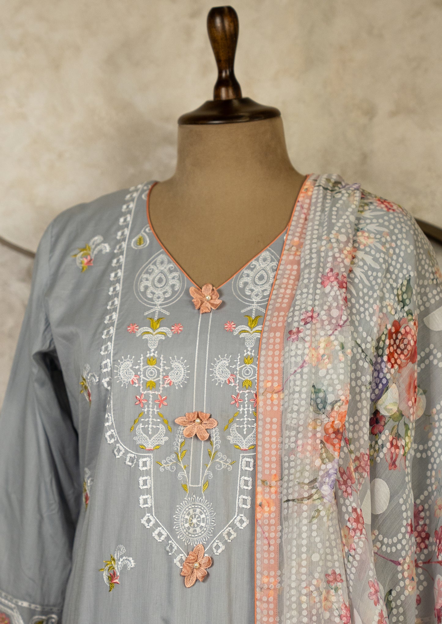 Embroidered Grey Lawn Suit Set With Dupatta