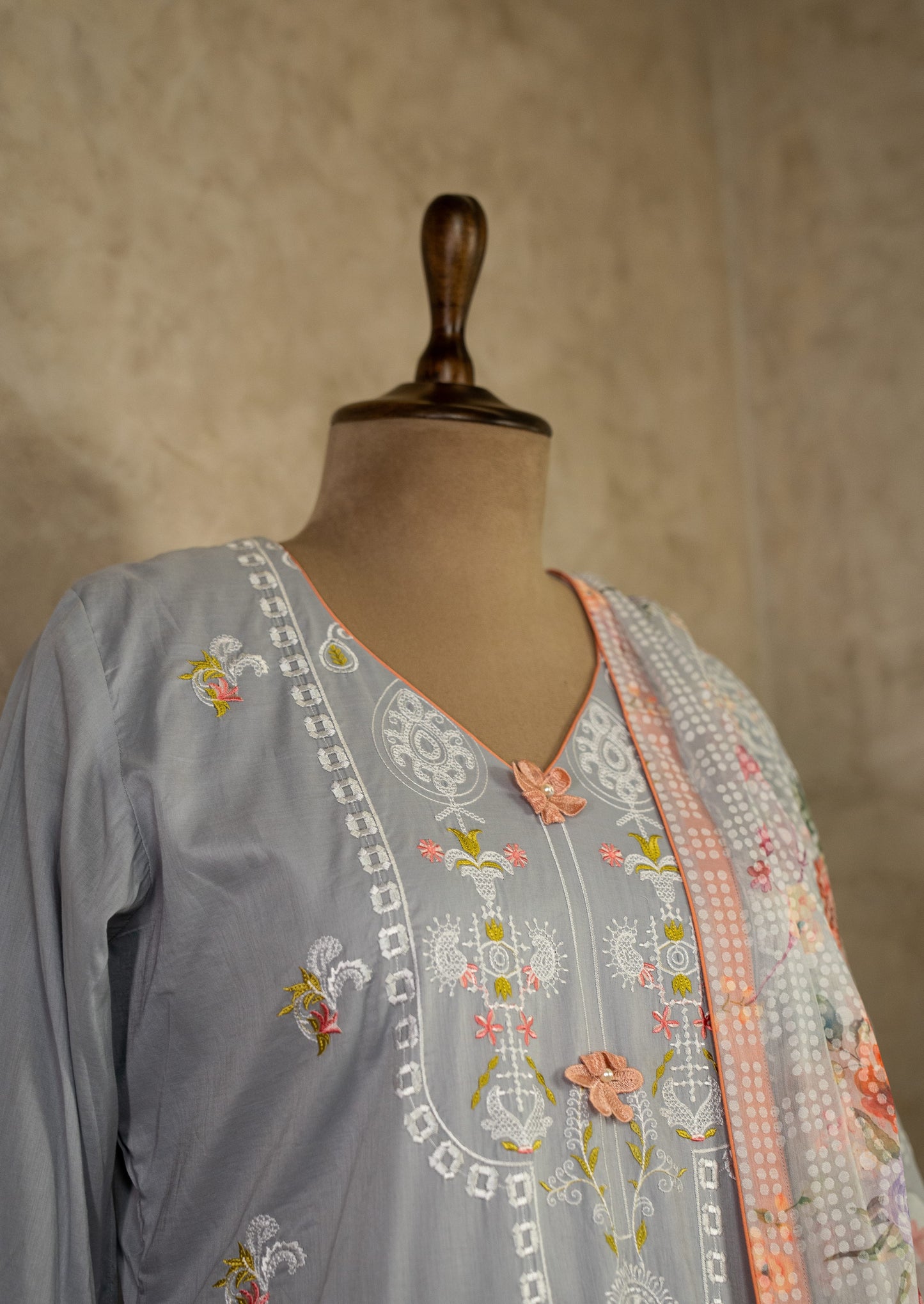 Embroidered Grey Lawn Suit Set With Dupatta