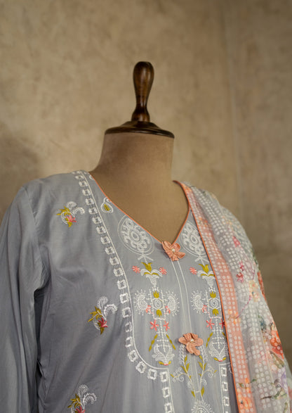 Embroidered Grey Lawn Suit Set With Dupatta