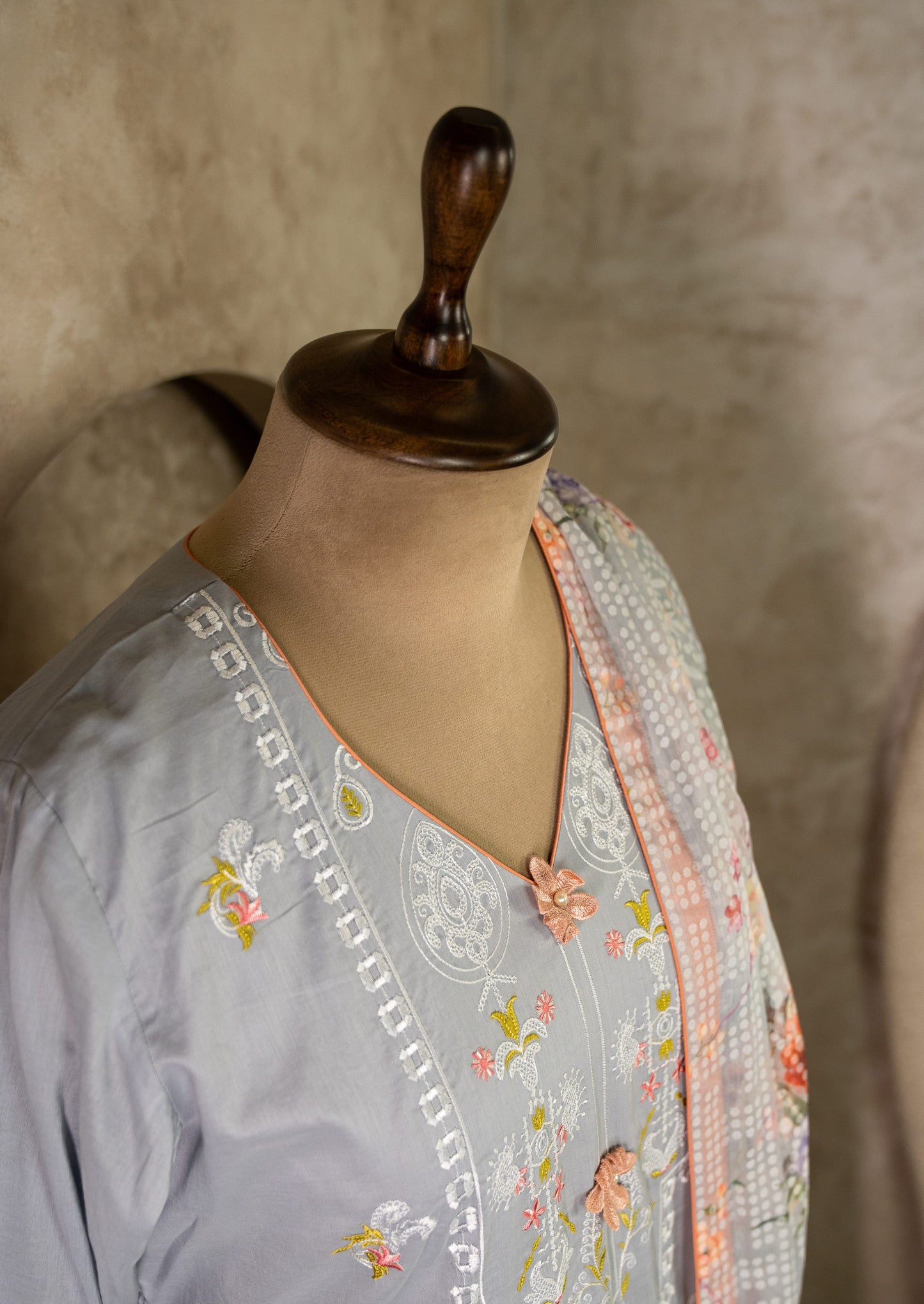 Embroidered Grey Lawn Suit Set With Dupatta