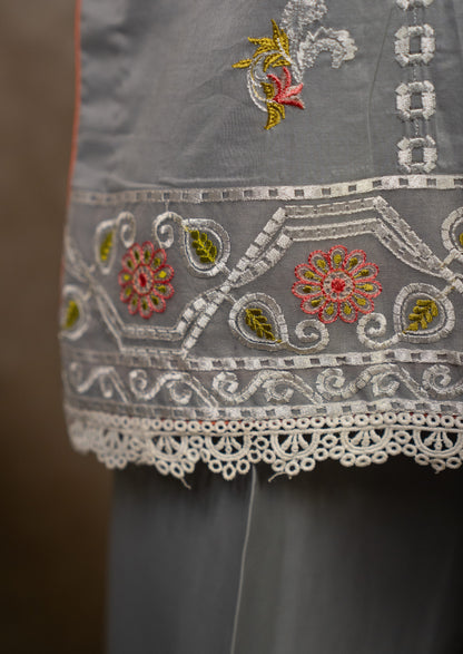 Embroidered Grey Lawn Suit Set With Dupatta
