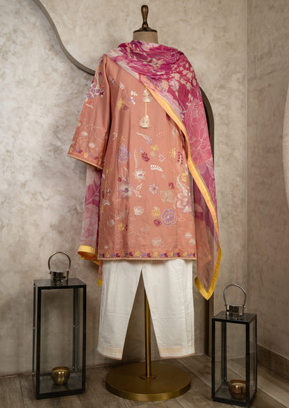 Peach Embroidered Lawn Suit Set With Chiffon Dupatta