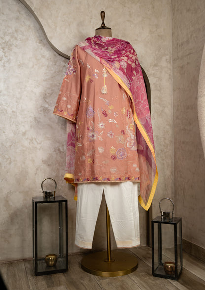 Peach Embroidered Lawn Suit Set With Chiffon Dupatta