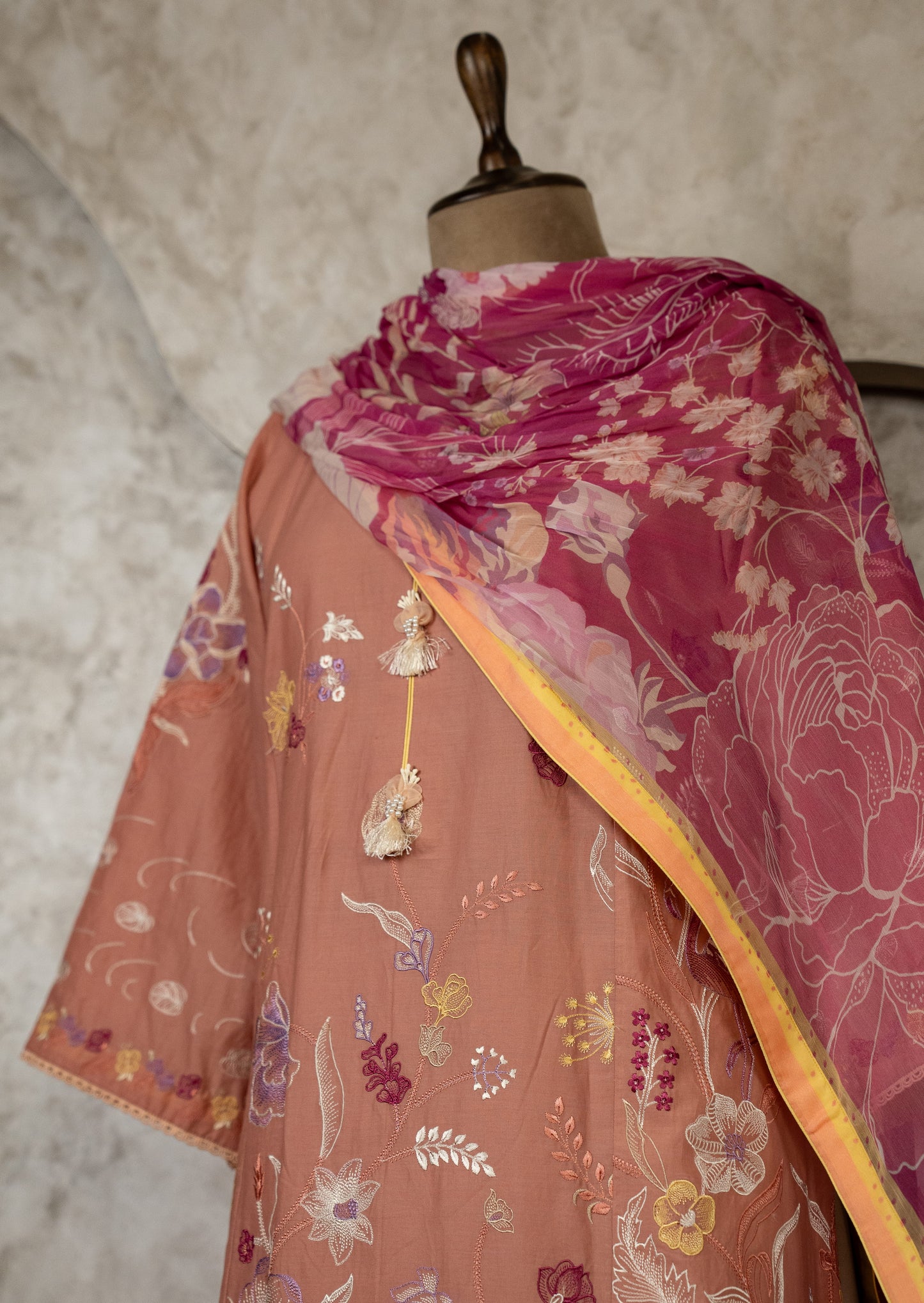 Peach Embroidered Lawn Suit Set With Chiffon Dupatta