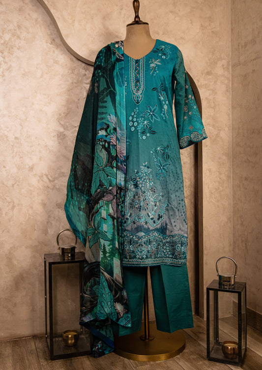 Printed Turquoise Suit Set With Dupatta