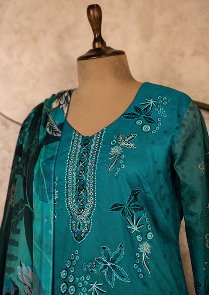 Printed Turquoise Suit Set With Dupatta