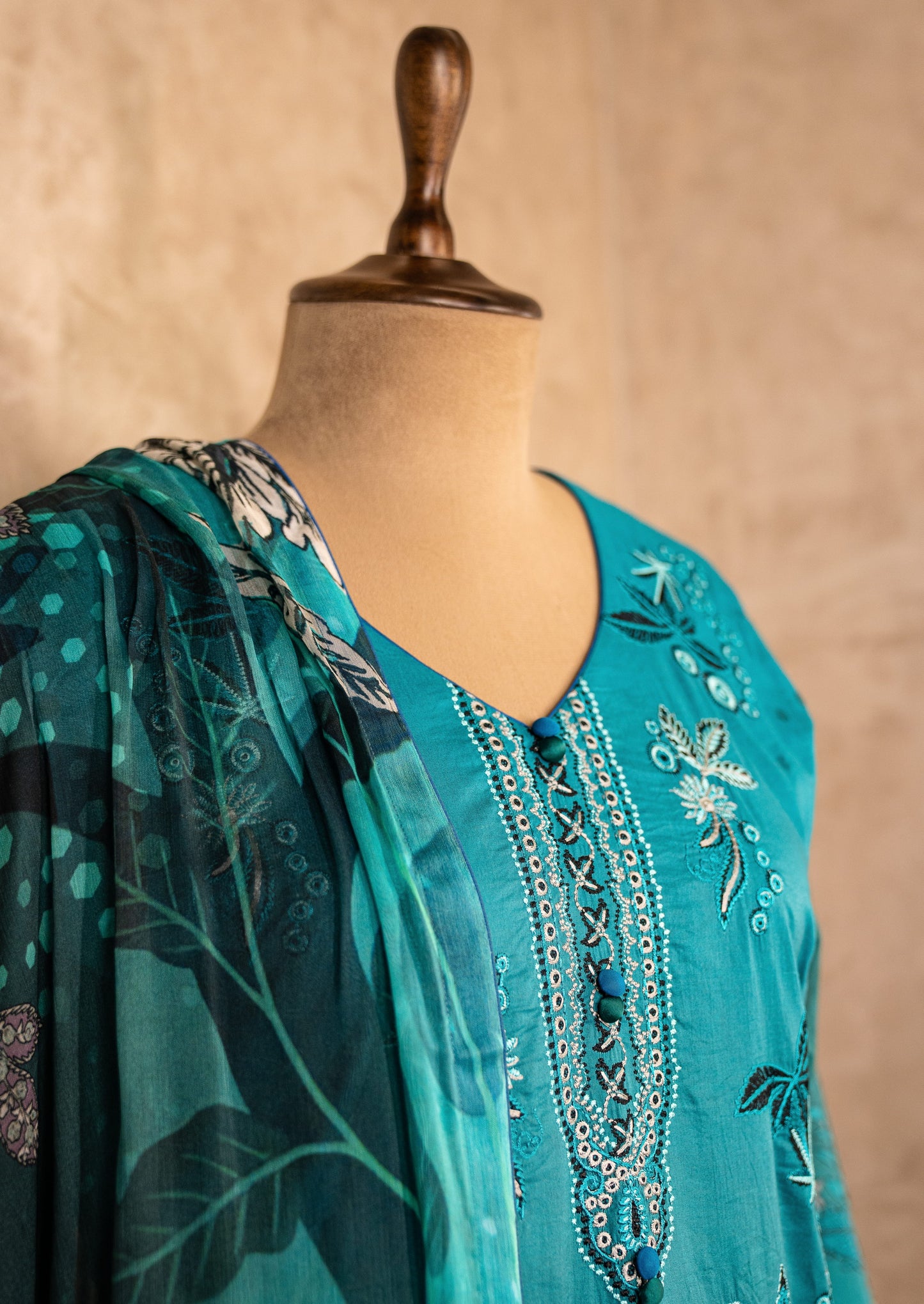Printed Turquoise Suit Set With Dupatta