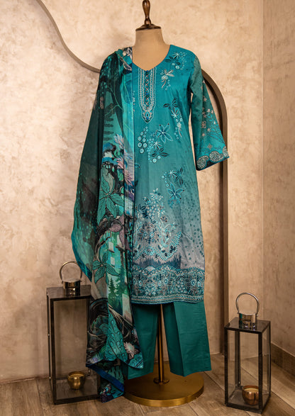 Printed Turquoise Suit Set With Dupatta