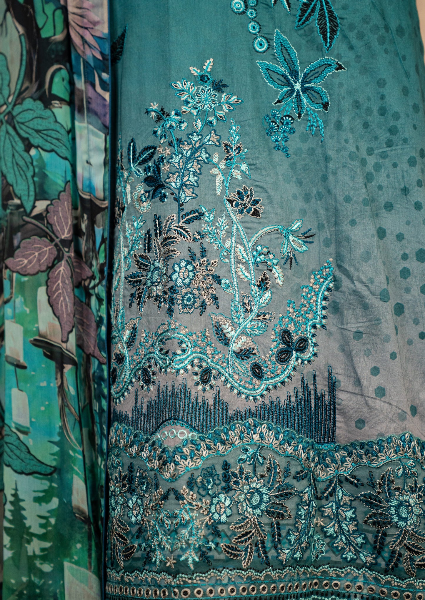 Printed Turquoise Suit Set With Dupatta