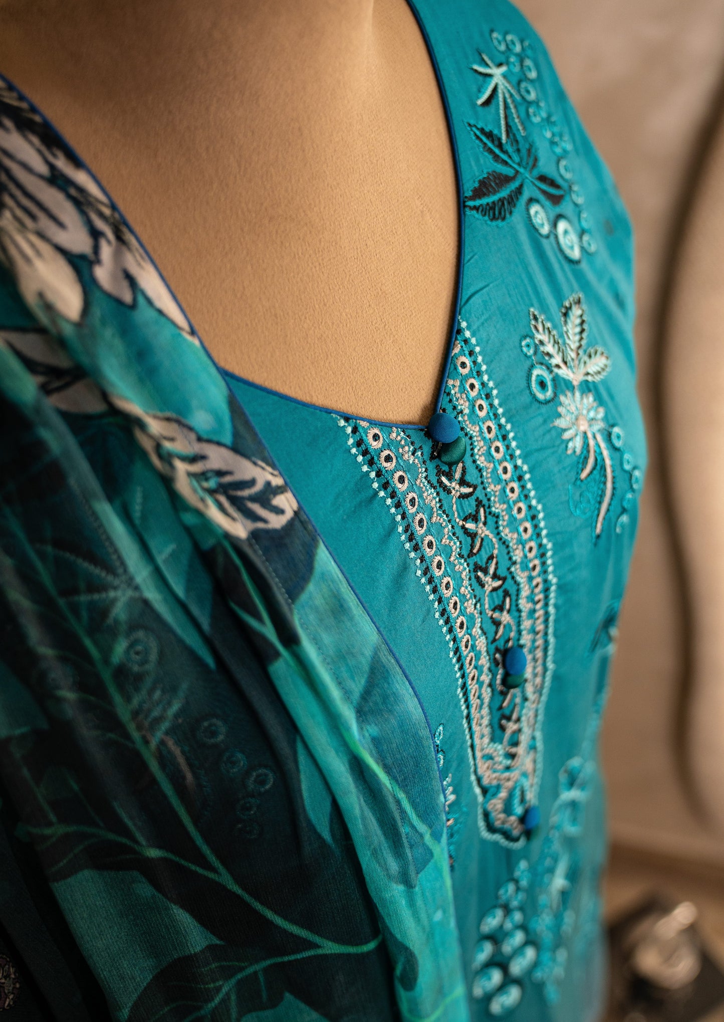 Printed Turquoise Suit Set With Dupatta