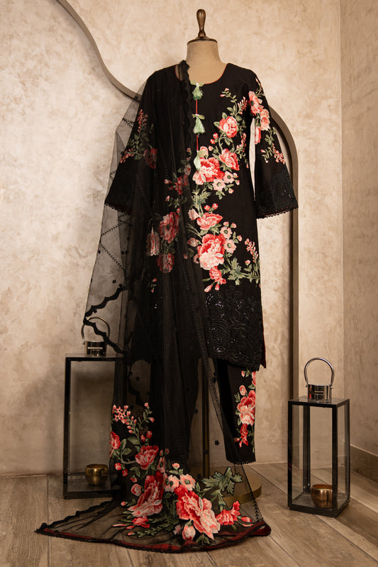 Black Embroidered Suit Set With Net Dupatta