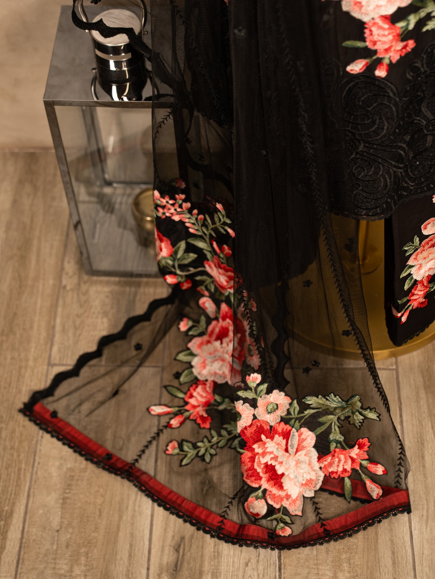 Black Embroidered Suit Set With Net Dupatta