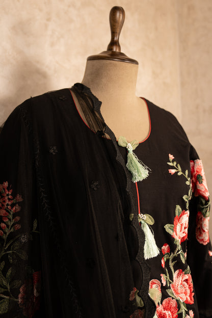 Black Embroidered Suit Set With Net Dupatta