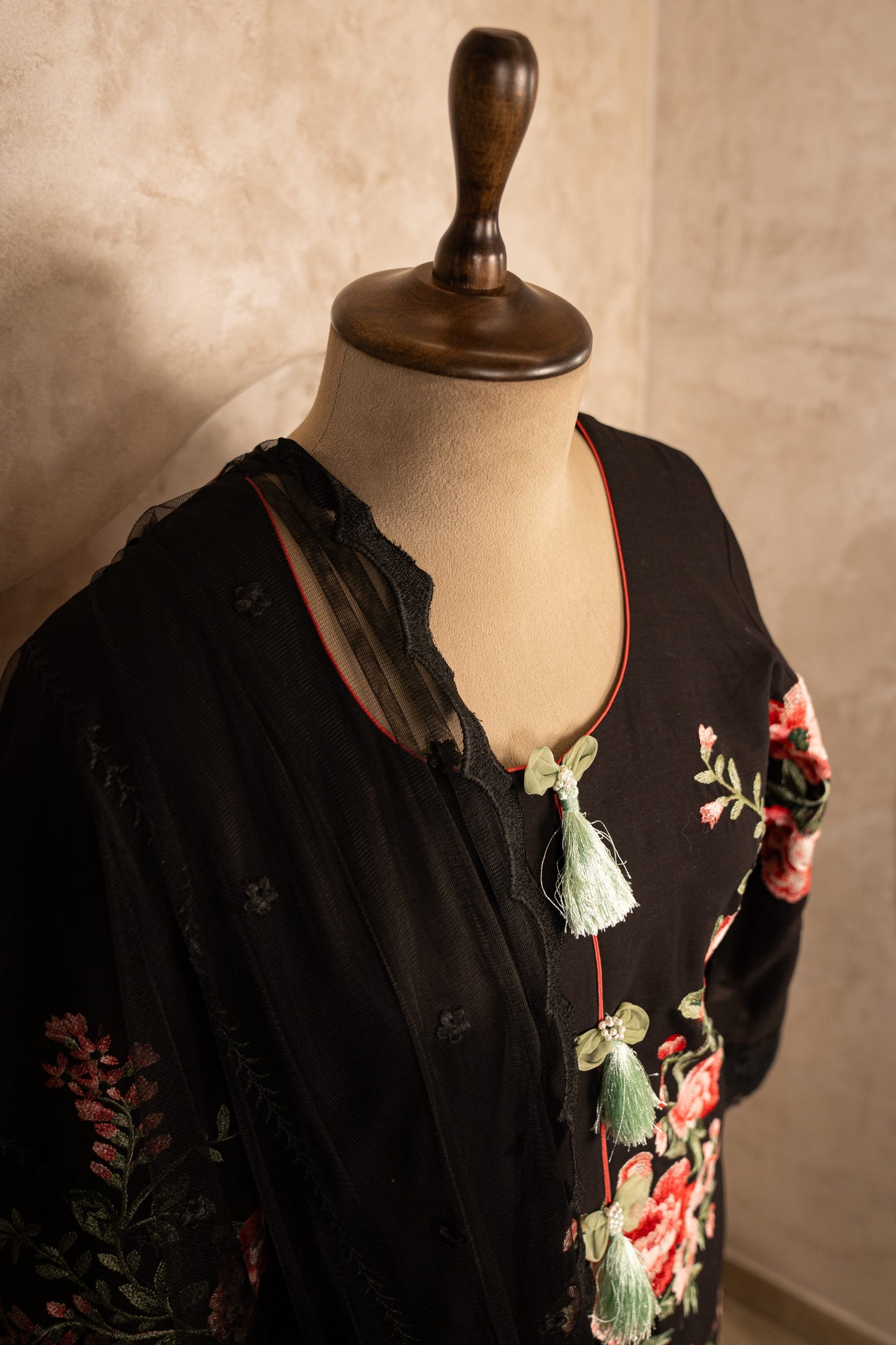 Black Embroidered Suit Set With Net Dupatta