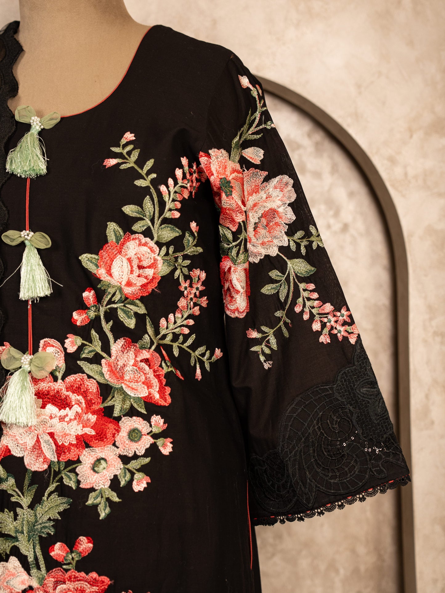 Black Embroidered Suit Set With Net Dupatta