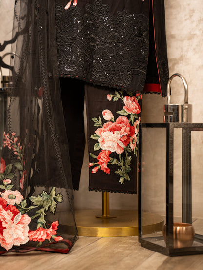 Black Embroidered Suit Set With Net Dupatta