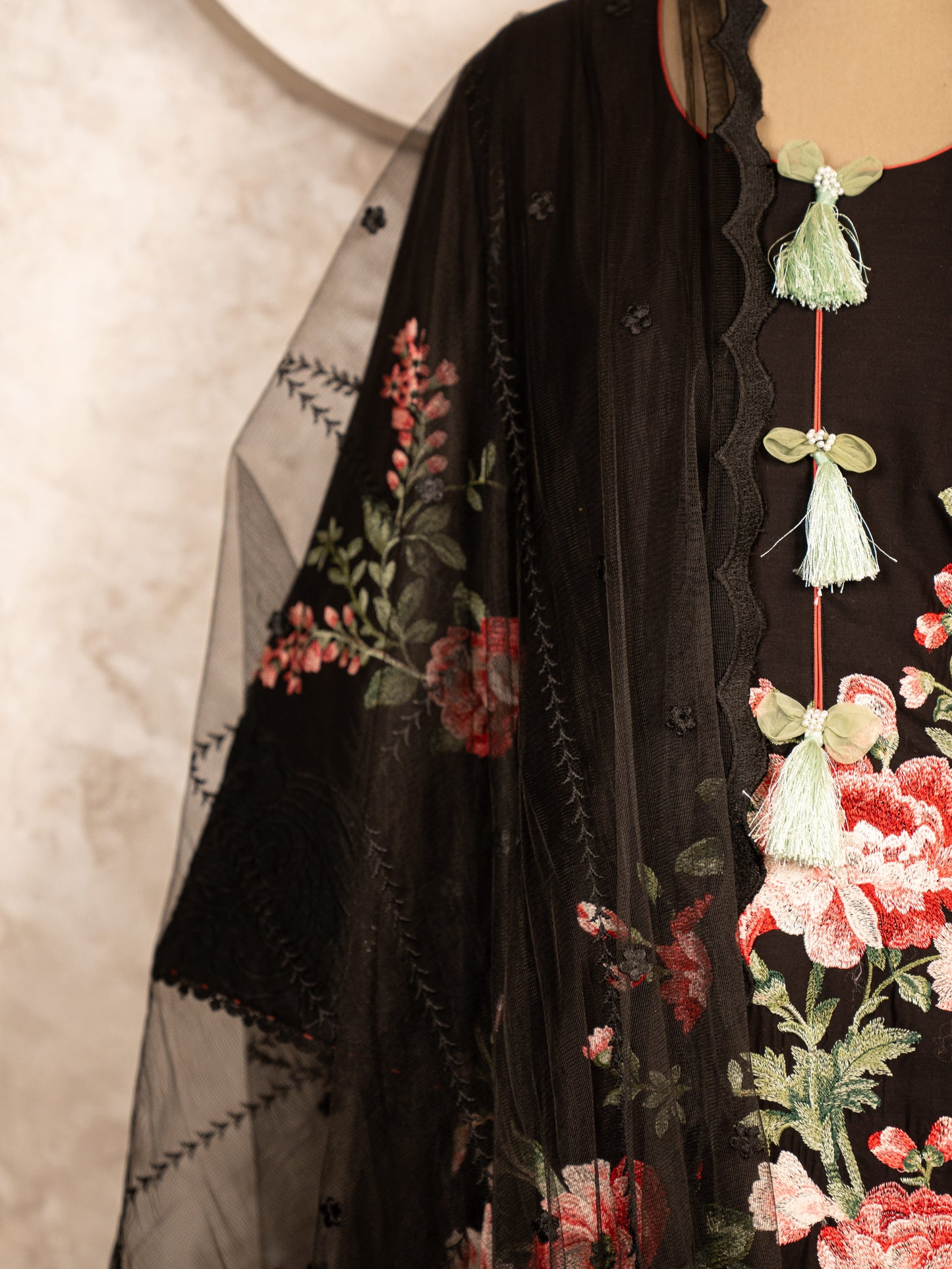 Black Embroidered Suit Set With Net Dupatta