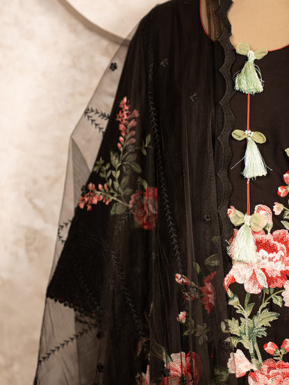 Black Embroidered Suit Set With Net Dupatta