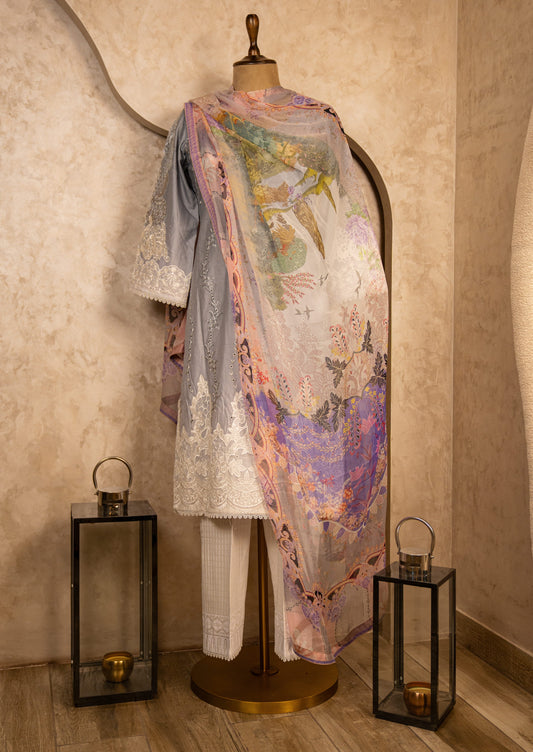 Grey Lawn Suit Set With Dupatta