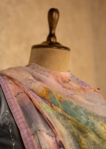 Grey Lawn Suit Set With Dupatta