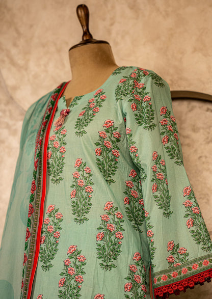 Green Lawn Suit With Chiffon Dupatta