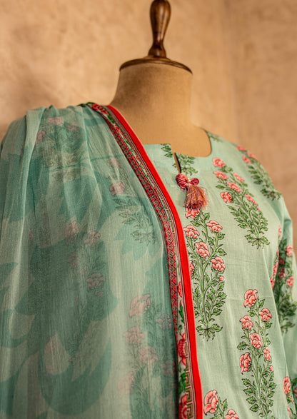 Green Lawn Suit With Chiffon Dupatta