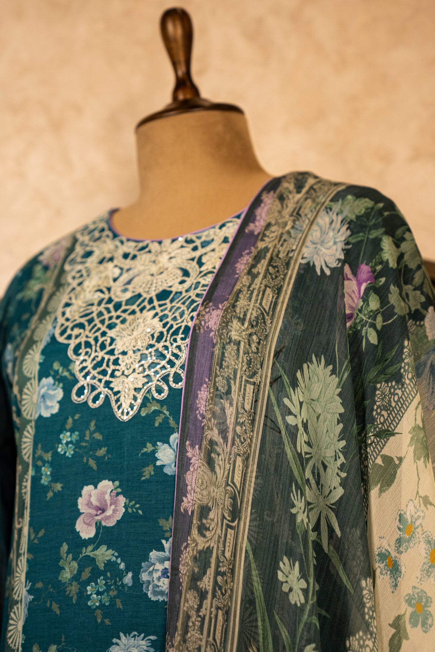 Embroidered Turquoise Suit Set With Chiffon Dupatta
