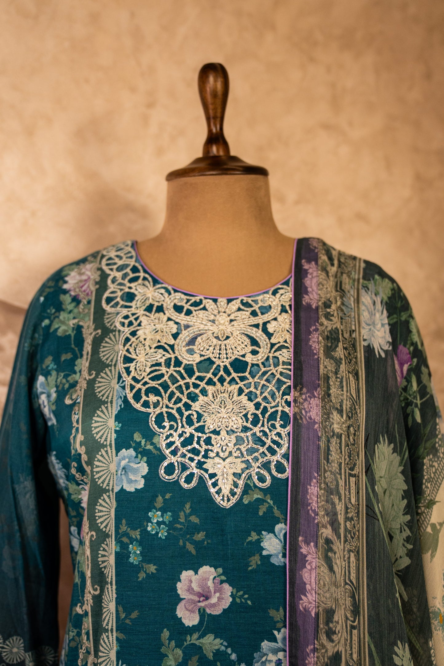 Embroidered Turquoise Suit Set With Chiffon Dupatta