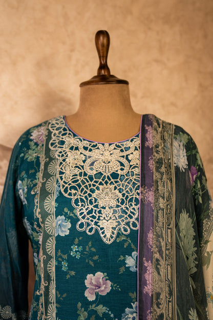 Embroidered Turquoise Suit Set With Chiffon Dupatta