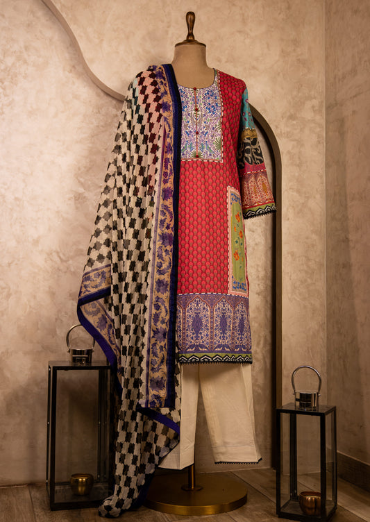 Lawn Printed Suit Set With Chiffon Dupatta