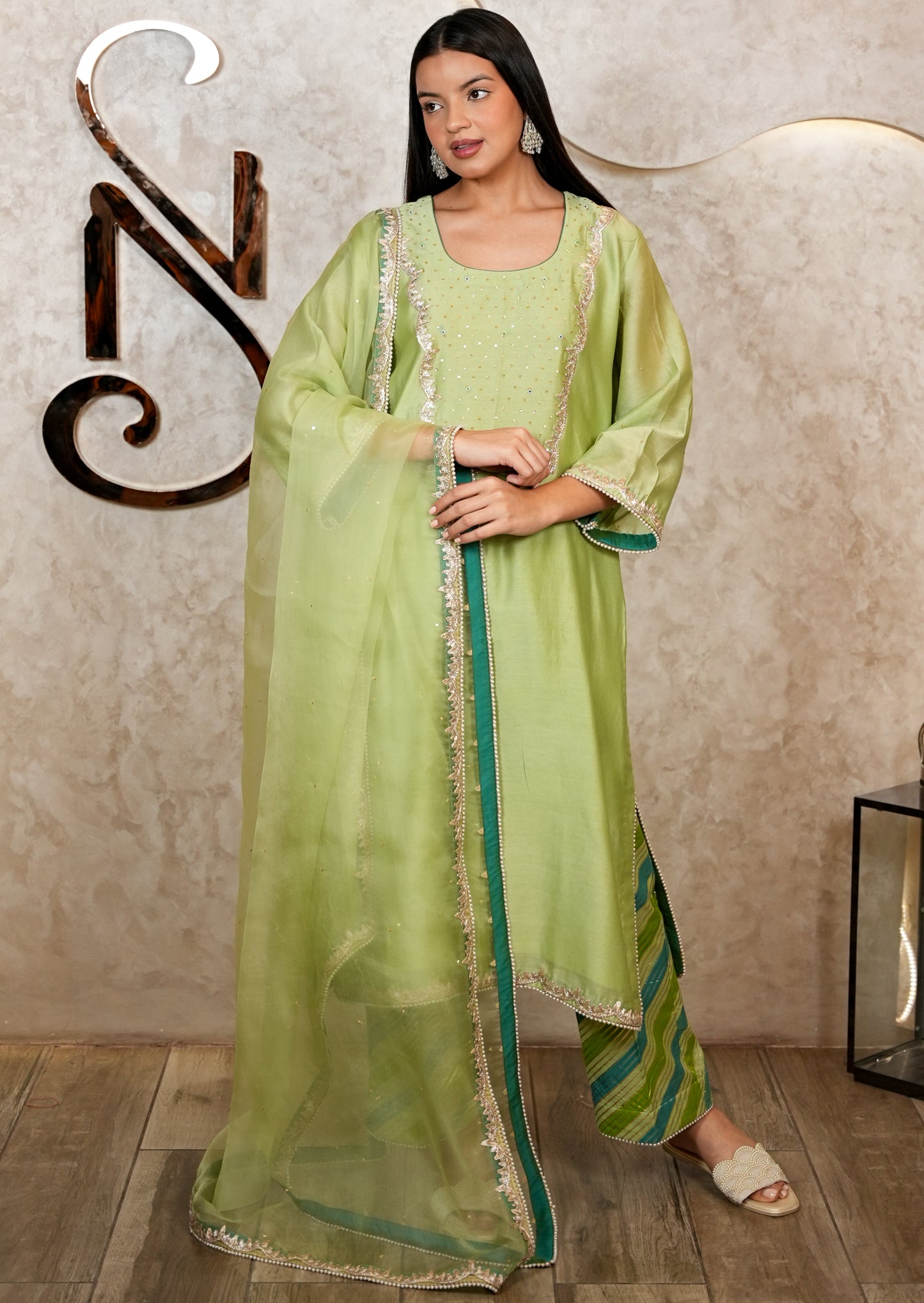Light Green Chanderi Suit with Organza Dupatta & Hand Embroidery